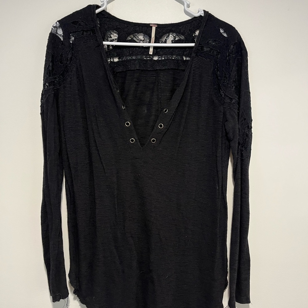Free People Black Lace-Trim Lace-Up Long Sleeve Tee - Picture 2 of 7